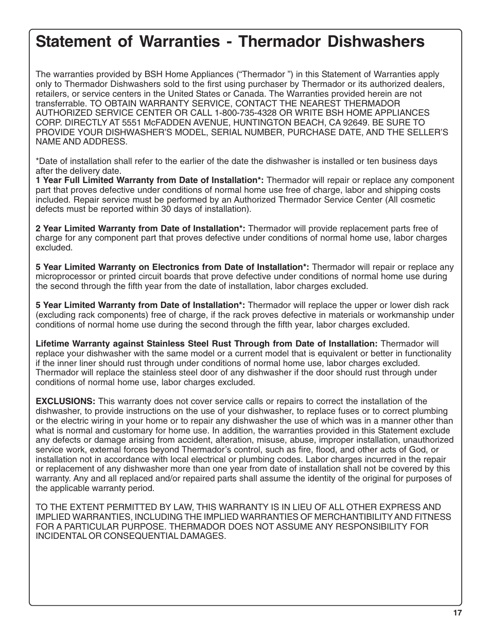 Statement of warranties - thermador dishwashers | Thermador DWHD43C User Manual | Page 19 / 58