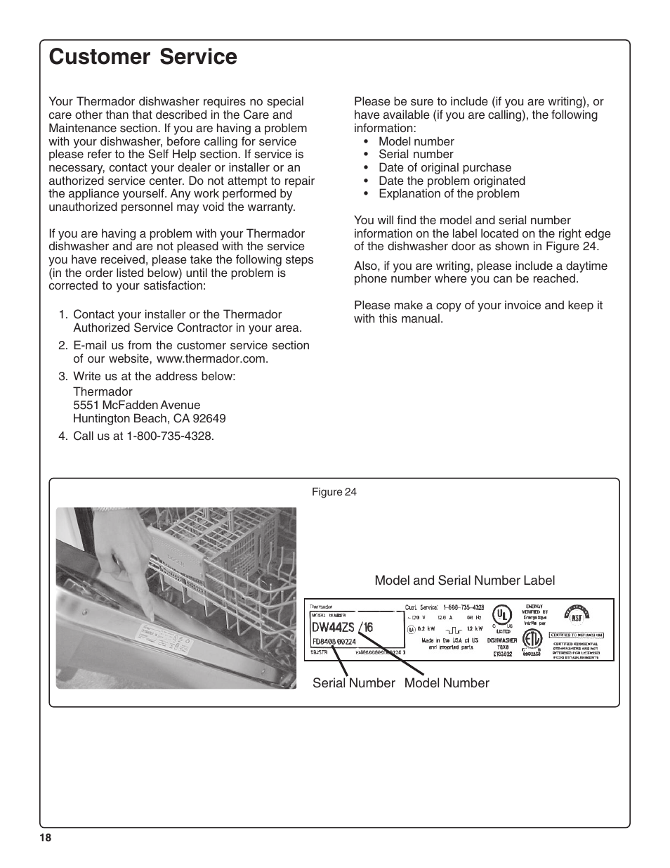 Customer service | Thermador DWHD43C User Manual | Page 20 / 58