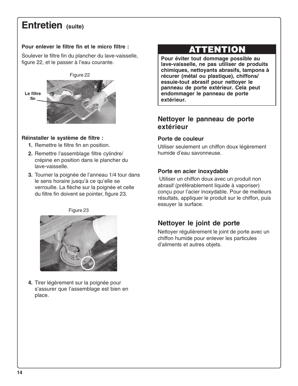 Entretien, Nettoyer le panneau de porte extérieur, Nettoyer le joint de porte | Thermador DWHD43C User Manual | Page 34 / 58