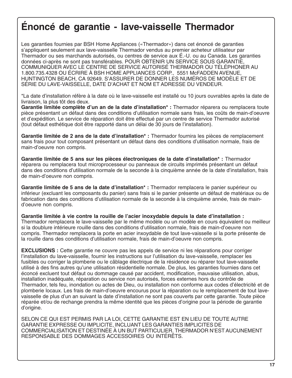 Énoncé de garantie - lave-vaisselle thermador | Thermador DWHD43C User Manual | Page 37 / 58