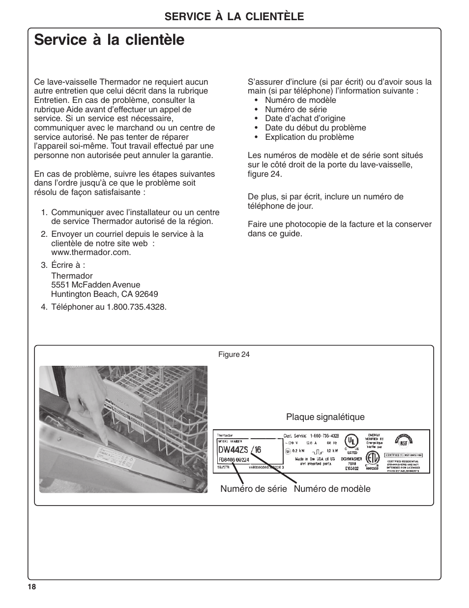 Service à la clientèle | Thermador DWHD43C User Manual | Page 38 / 58