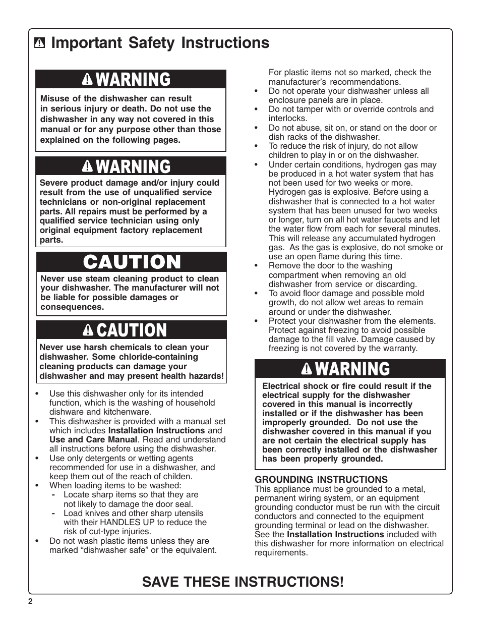 Warning, Warning caution warning, Important safety instructions | Save these instructions | Thermador DWHD43C User Manual | Page 4 / 58