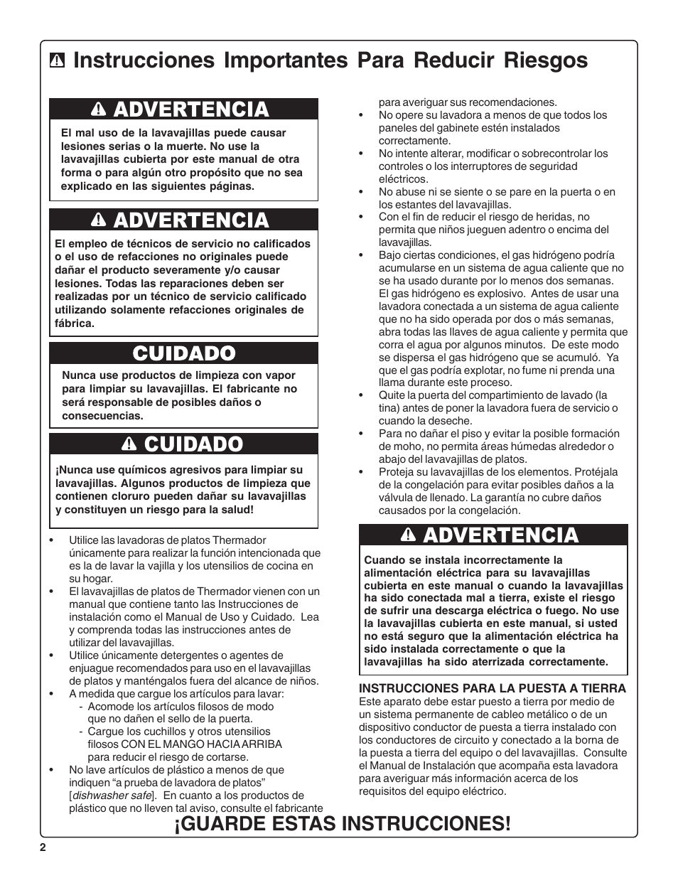 Instrucciones importantes para reducir riesgos, Advertencia cuidado advertencia advertencia, Guarde estas instrucciones | Thermador DWHD43C User Manual | Page 40 / 58