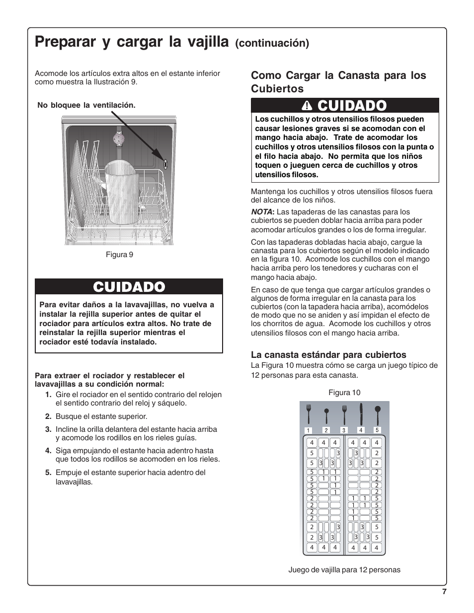 Preparar y cargar la vajilla, Cuidado, Como cargar la canasta para los cubiertos | Continuación), La canasta estándar para cubiertos | Thermador DWHD43C User Manual | Page 45 / 58