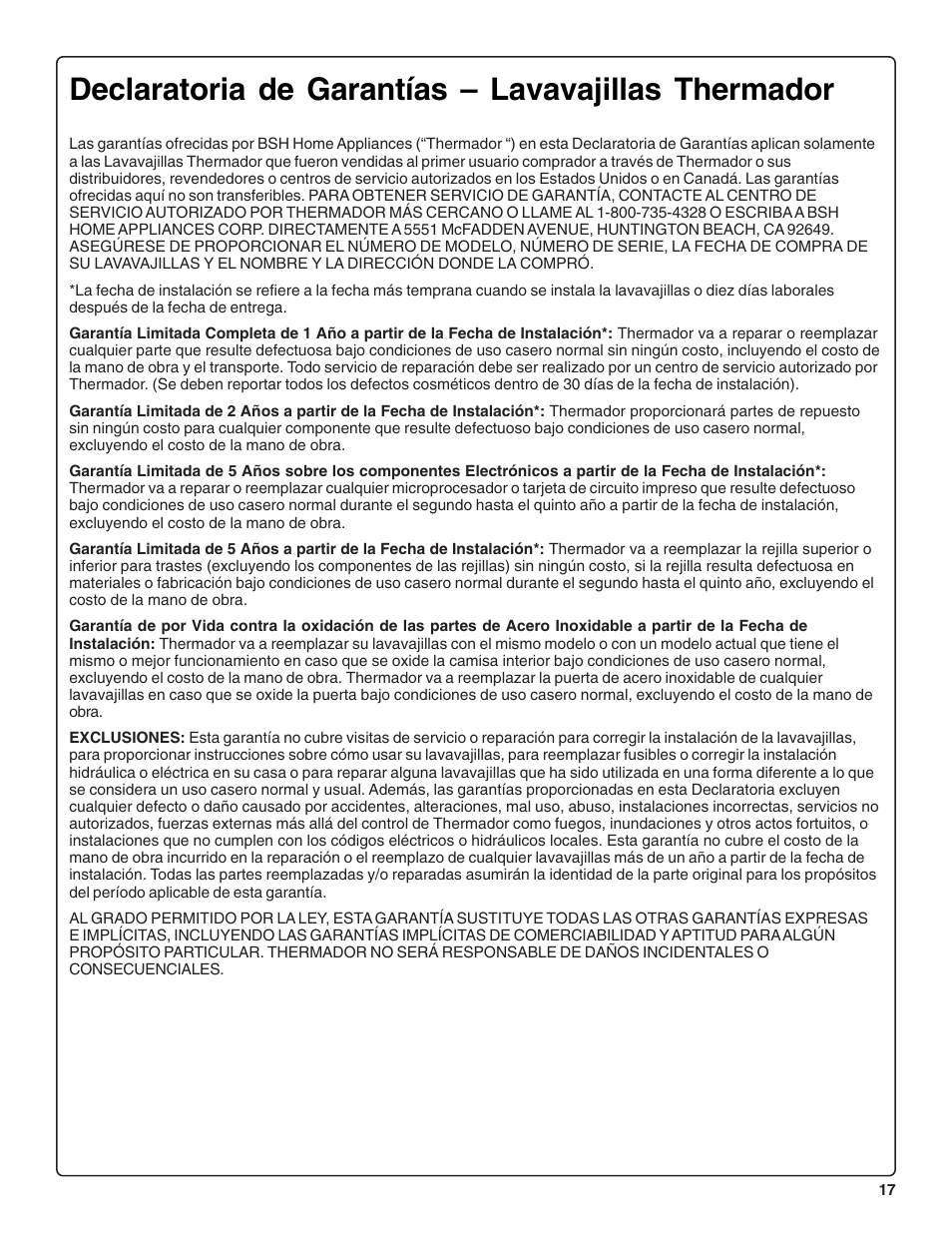 Declaratoria de garantías – lavavajillas thermador | Thermador DWHD43C User Manual | Page 55 / 58