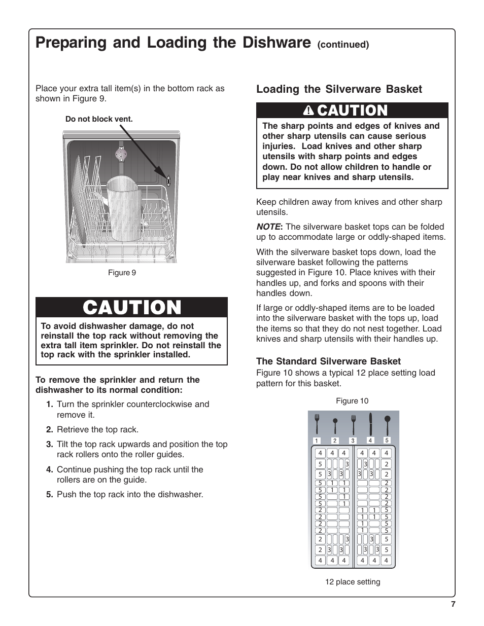 Preparing and loading the dishware, Caution, Loading the silverware basket | Thermador DWHD43C User Manual | Page 9 / 58