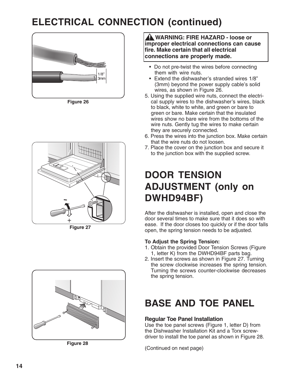 Electrical connection (continued), Base and toe panel, Door tension adjustment (only on dwhd94bf) | Thermador 9000039271 User Manual | Page 14 / 16