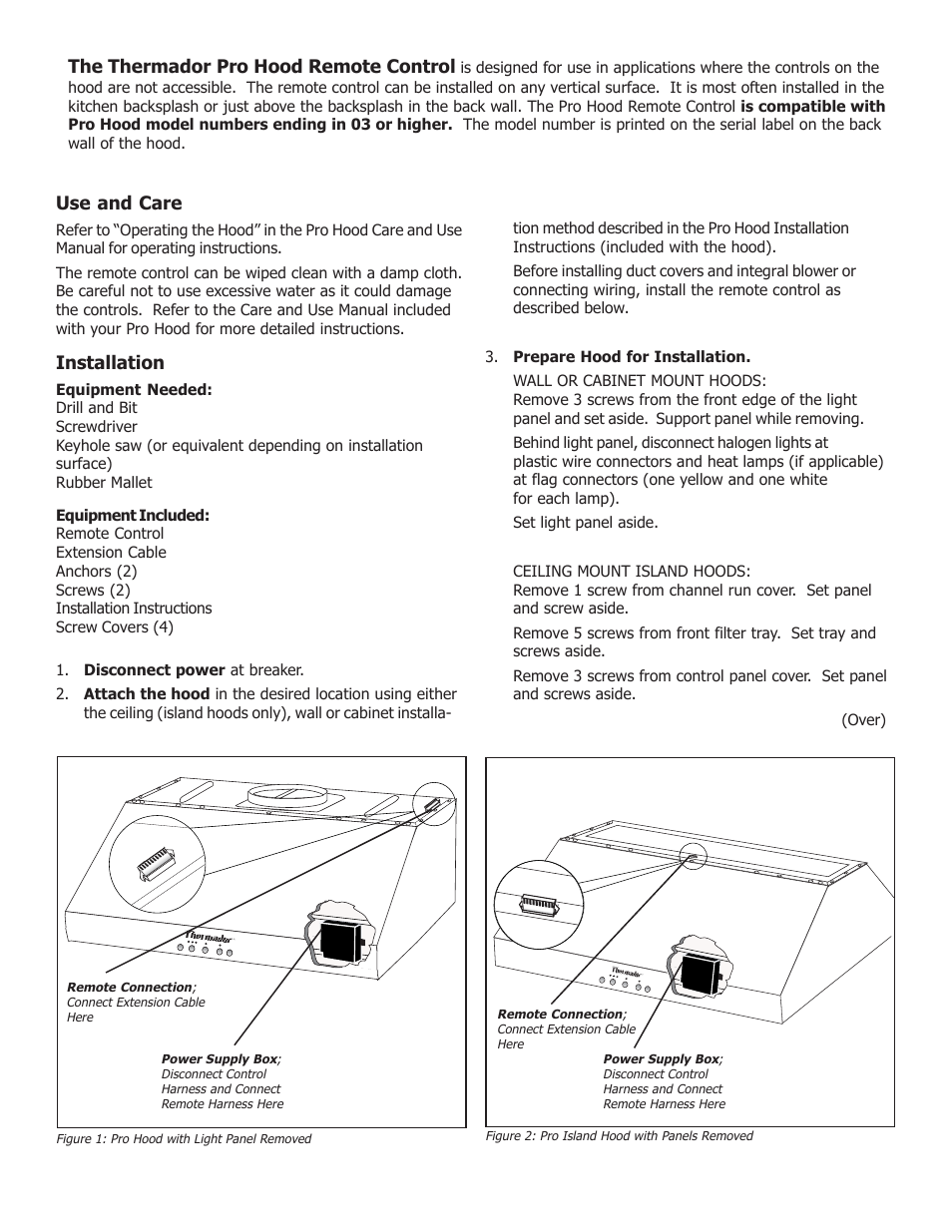 The thermador pro hood remote control, Use and care, Installation | Thermador PHREM User Manual | Page 2 / 8