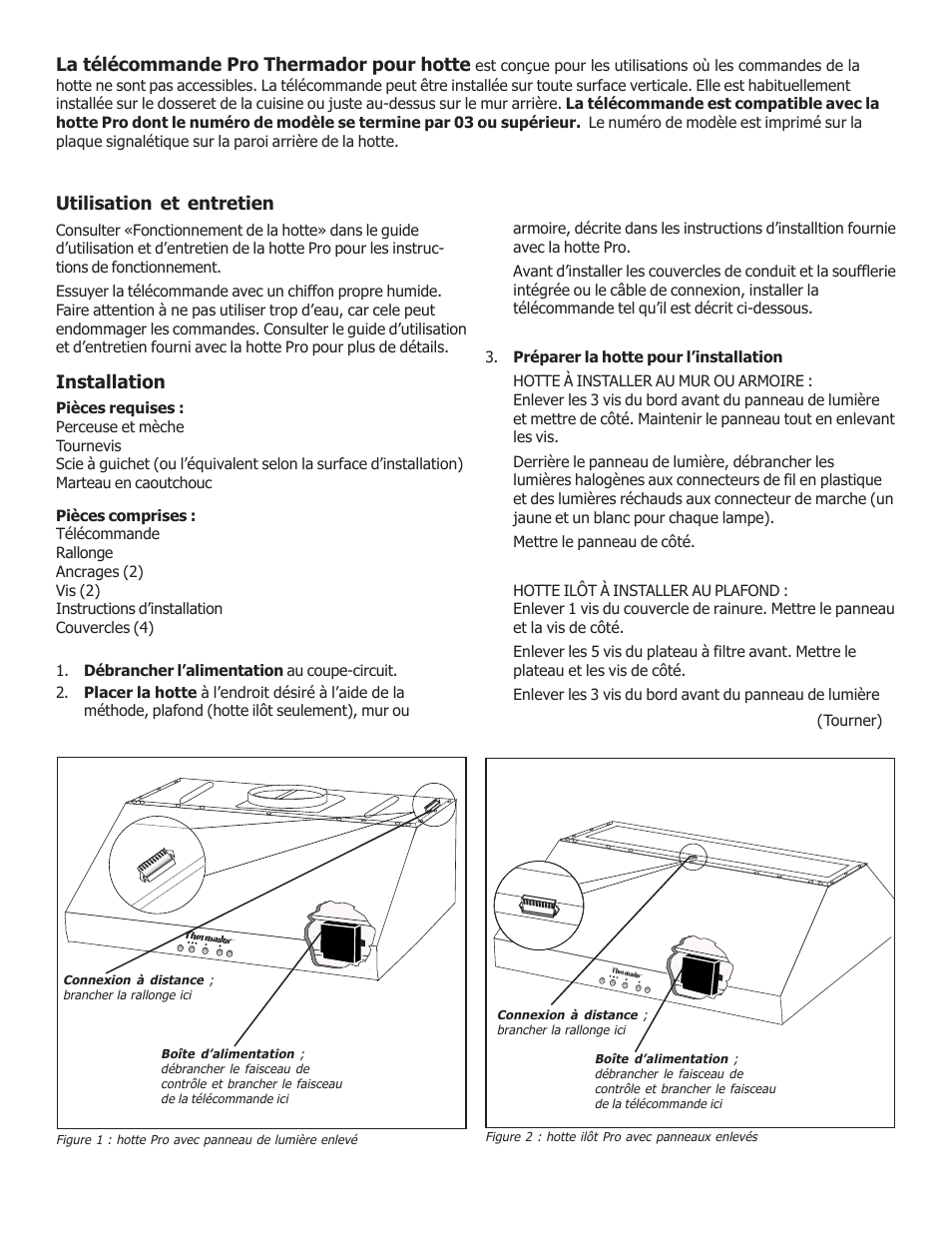 La télécommande pro thermador pour hotte, Utilisation et entretien, Installation | Thermador PHREM User Manual | Page 4 / 8