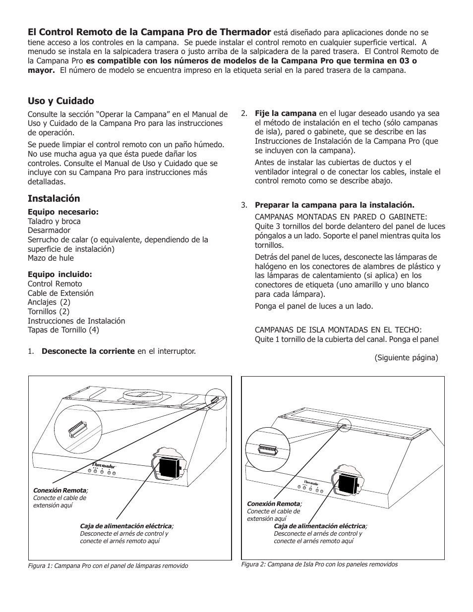 El control remoto de la campana pro de thermador, Uso y cuidado, Instalación | Thermador PHREM User Manual | Page 6 / 8