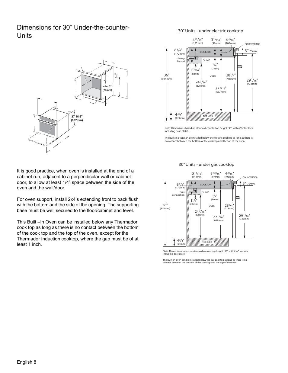 Dimensions for 30” under-the-counter- units, English 8, 30” units - under electric cooktop | 30” units - under gas cooktop | Thermador MEMCW271 User Manual | Page 10 / 52