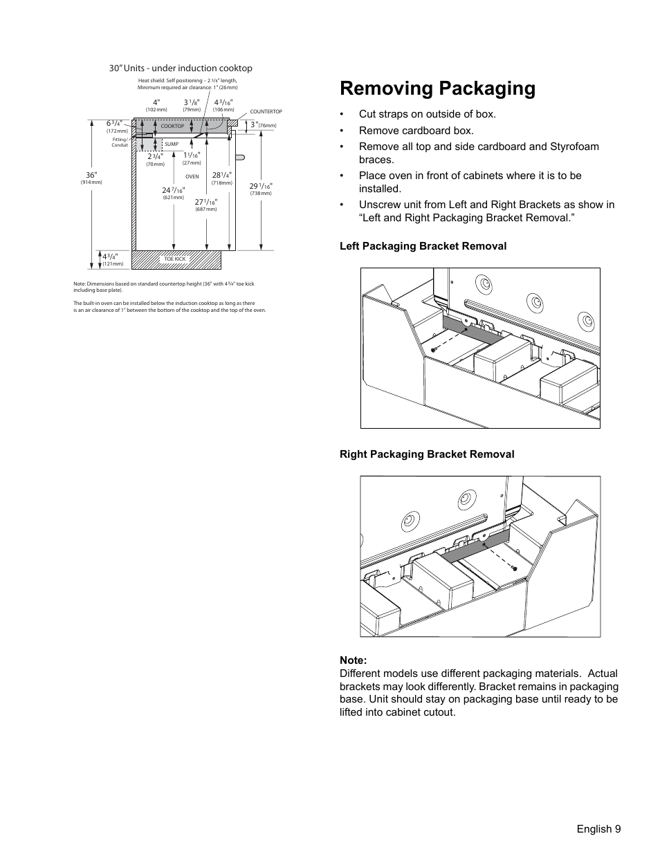 Removing packaging, Left packaging bracket removal, Right packaging bracket removal | Note, English 9, 30” units - under induction cooktop | Thermador MEMCW271 User Manual | Page 11 / 52