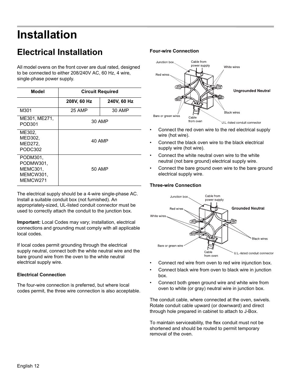 Installation, Electrical installation, 25 amp | 30 amp, 40 amp, 50 amp, Electrical connection | Thermador MEMCW271 User Manual | Page 14 / 52