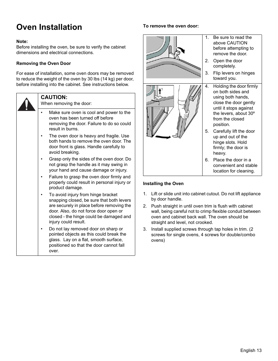 Oven installation, Note, Open the door completely | Flip levers on hinges toward you, Installing the oven | Thermador MEMCW271 User Manual | Page 15 / 52