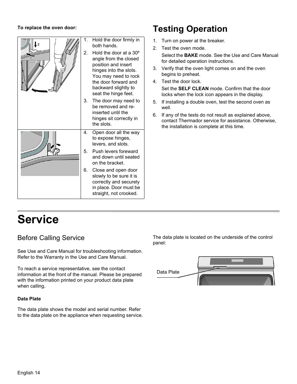 Hold the door firmly in both hands, Testing operation, Turn on power at the breaker | Test the oven mode, Test the door lock, Service, Before calling service, Data plate | Thermador MEMCW271 User Manual | Page 16 / 52