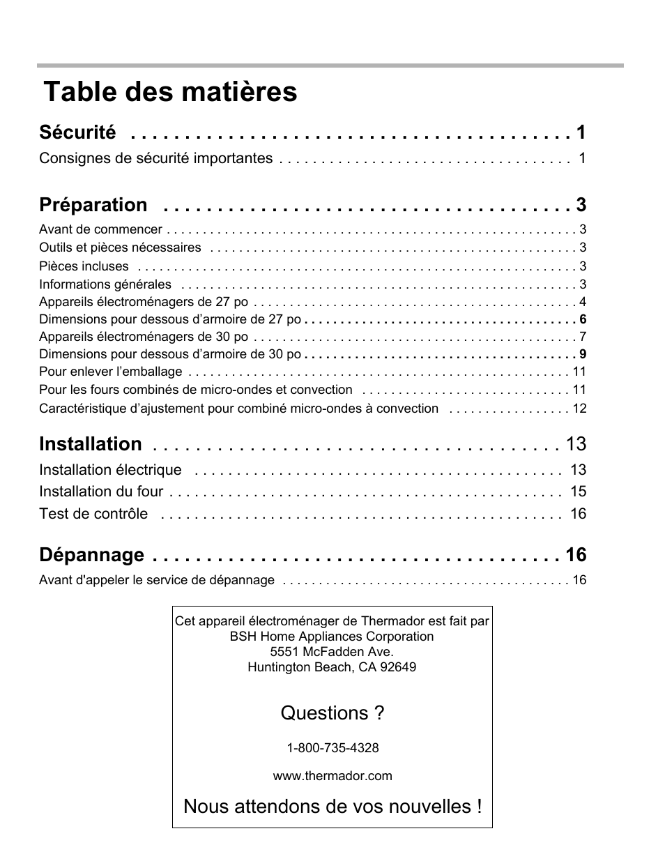 Sécurité 1, Consignes de sécurité importantes 1, Préparation 3 | Avant de commencer 3, Appareils électroménagers de 27 po 4, Dimensions pour dessous d’armoire de 27 po 6, Appareils électroménagers de 30 po 7, Dimensions pour dessous d’armoire de 30 po 9, Pour enlever l’emballage 11, Installation 13 | Thermador MEMCW271 User Manual | Page 17 / 52