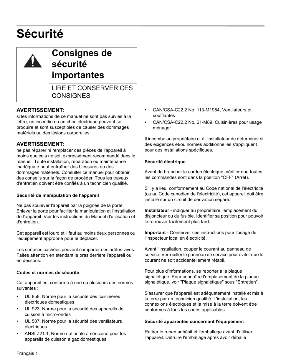 Sécurité, Consignes de sécurité importantes, Lire et conserver ces consignes | Sécurité de manipulation de l'appareil, Codes et normes de sécurité, Sécurité électrique, Sécurité apparentée concernant l'équipement | Thermador MEMCW271 User Manual | Page 18 / 52