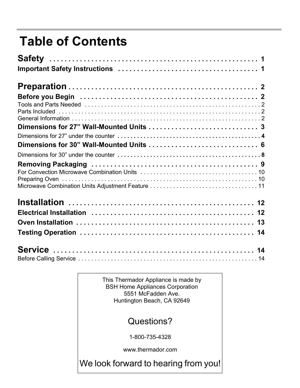 Safety 1, Important safety instructions 1, Preparation 2 | Before you begin 2, Dimensions for 27” wall-mounted units 3, Dimensions for 27” under the counter 4, Dimensions for 30” wall-mounted units 6, Dimensions for 30” under the counter 8, Removing packaging 9, Installation 12 | Thermador MEMCW271 User Manual | Page 2 / 52