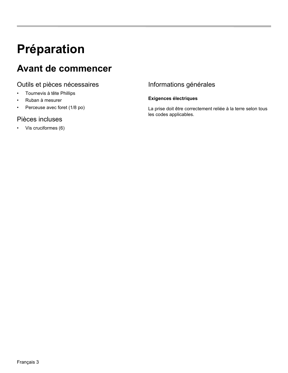 Préparation, Avant de commencer, Outils et pièces nécessaires | Pièces incluses, Informations générales, Exigences électriques | Thermador MEMCW271 User Manual | Page 20 / 52