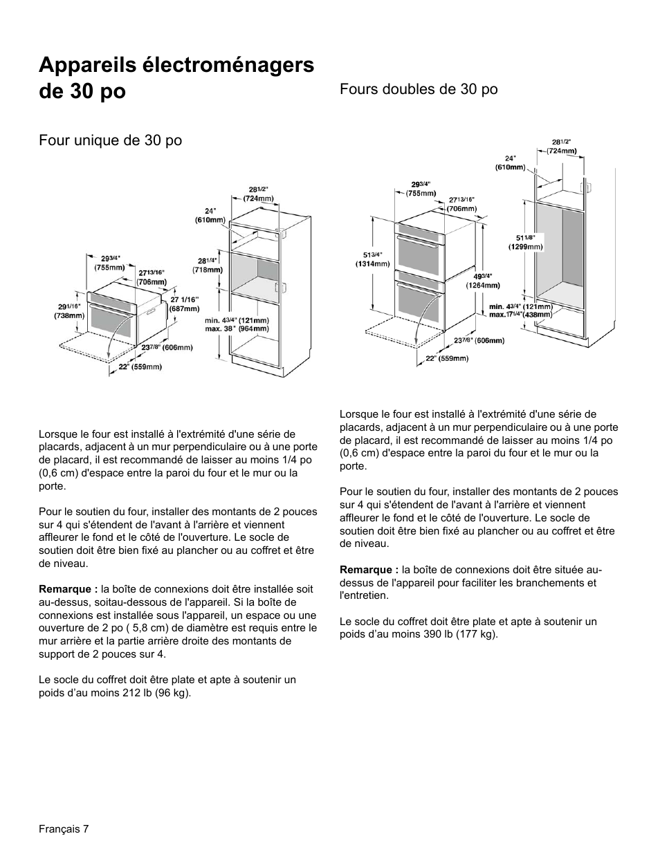 Four unique de 30 po, Fours doubles de 30 po, Appareils électroménagers de 30 po | Thermador MEMCW271 User Manual | Page 24 / 52