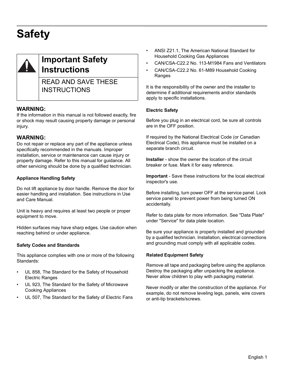 Safety, Important safety instructions, Read and save these instructions | Appliance handling safety, Safety codes and standards, Electric safety, Related equipment safety | Thermador MEMCW271 User Manual | Page 3 / 52