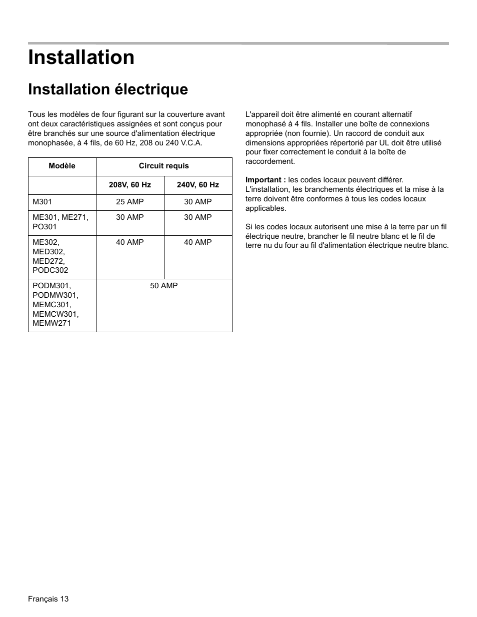 Installation, Installation électrique | Thermador MEMCW271 User Manual | Page 30 / 52