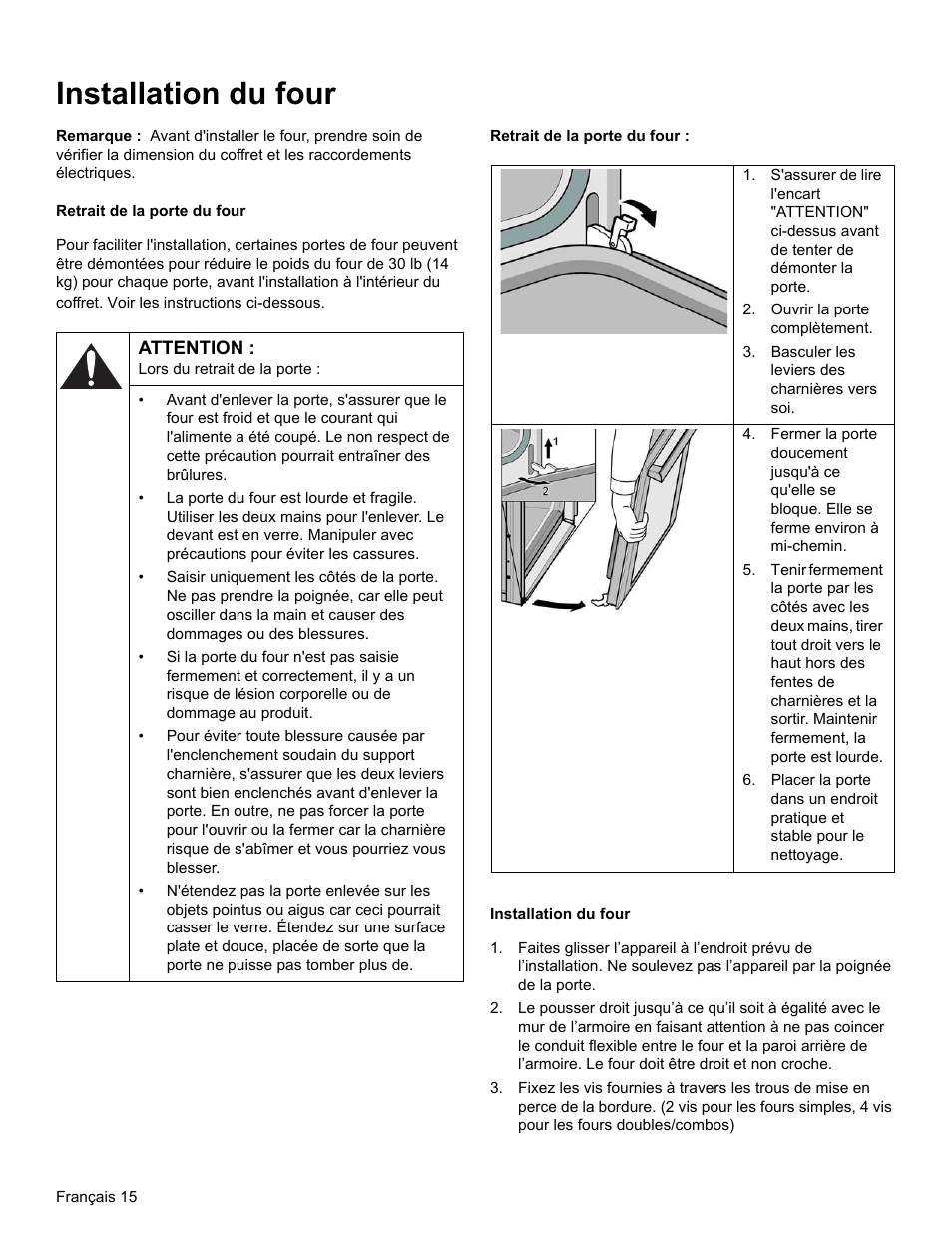 Installation du four, Ouvrir la porte complètement, Basculer les leviers des charnières vers soi | Thermador MEMCW271 User Manual | Page 32 / 52