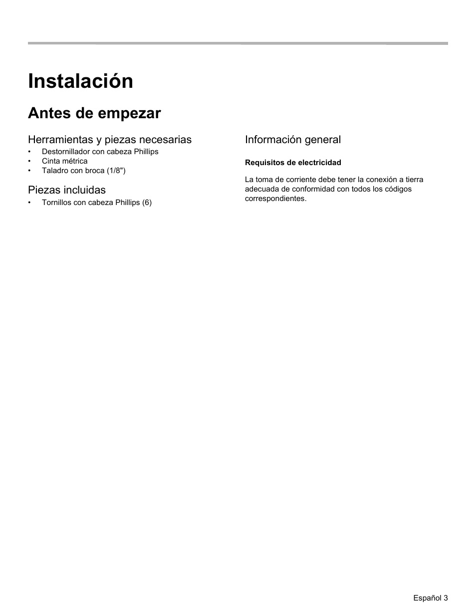 Instalación, Antes de empezar, Herramientas y piezas necesarias | Piezas incluidas, Información general, Requisitos de electricidad | Thermador MEMCW271 User Manual | Page 37 / 52