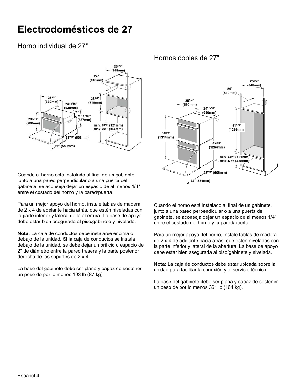 Electrodomésticos de 27, Horno individual de 27, Hornos dobles de 27 | Thermador MEMCW271 User Manual | Page 38 / 52