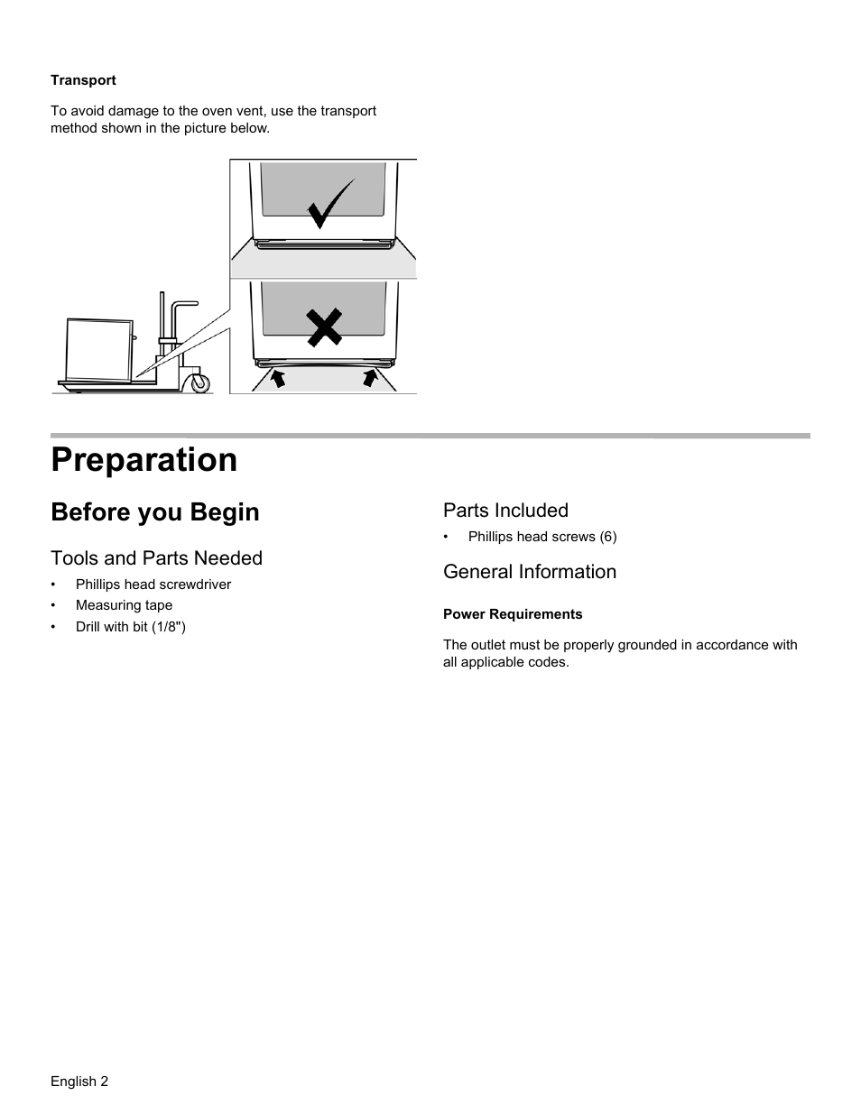 Transport, Preparation, Before you begin | Tools and parts needed, Parts included, General information, Power requirements | Thermador MEMCW271 User Manual | Page 4 / 52