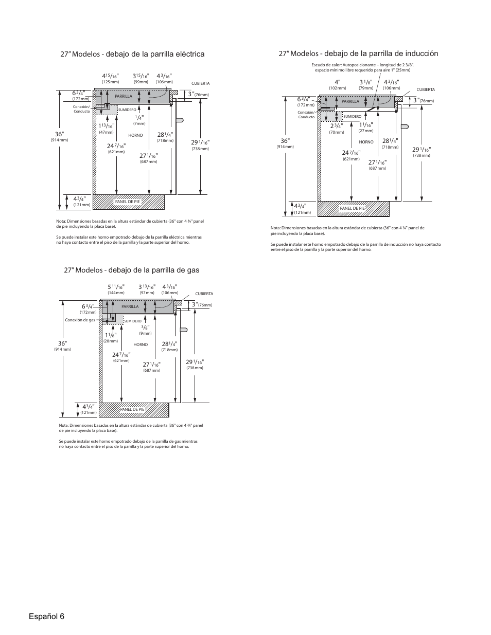 Español 6, 27” modelos, Debajo de la parrilla eléctrica | Debajo de la parrilla de inducción, Debajo de la parrilla de gas | Thermador MEMCW271 User Manual | Page 40 / 52