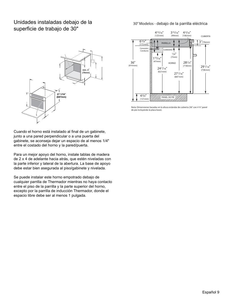 30” modelos, Debajo de la parrilla eléctrica, Español 9 | Thermador MEMCW271 User Manual | Page 43 / 52