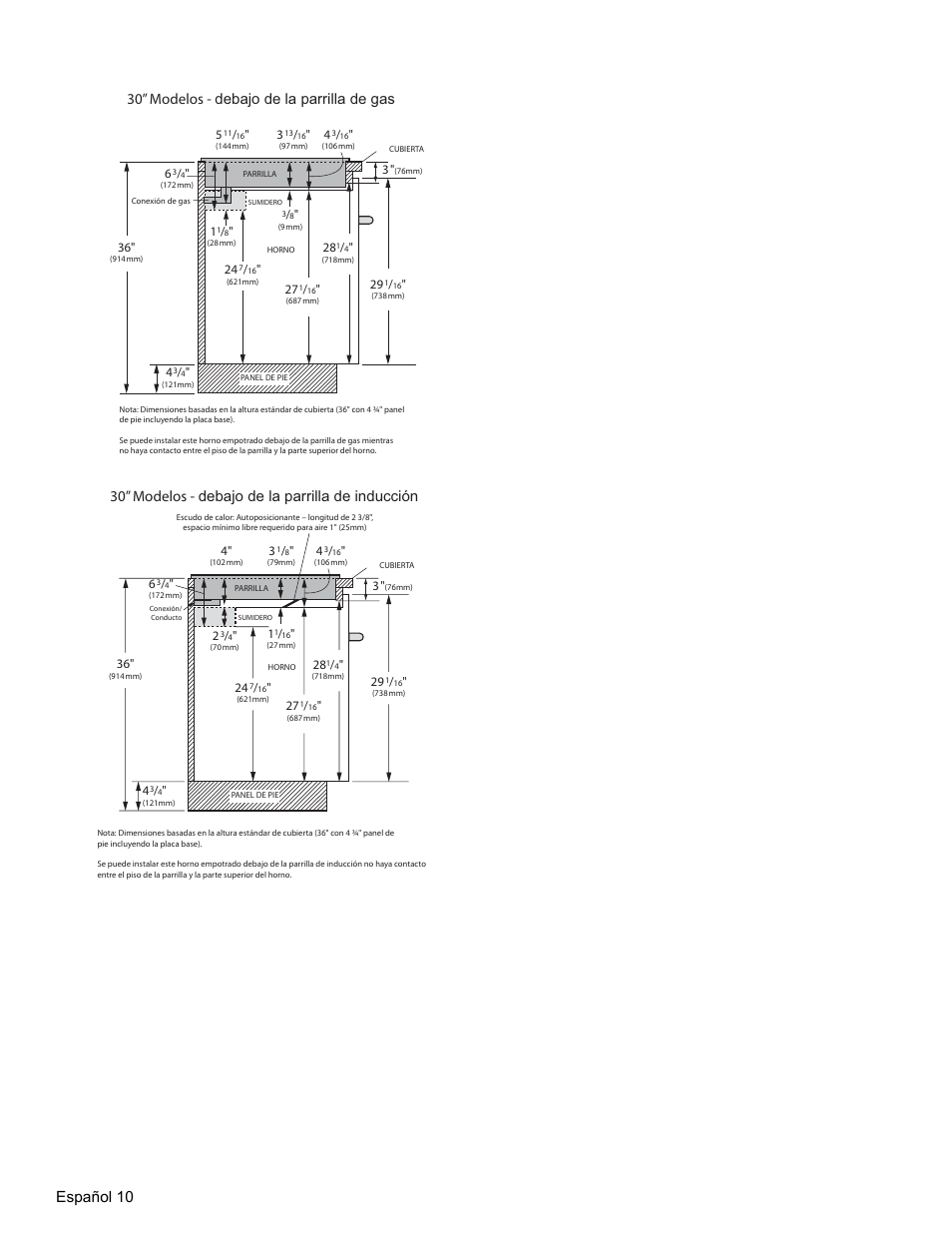 Español 10, 30” modelos, Debajo de la parrilla de gas | Debajo de la parrilla de inducción | Thermador MEMCW271 User Manual | Page 44 / 52