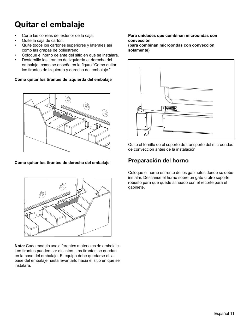 Quitar el embalaje, Preparación del horno | Thermador MEMCW271 User Manual | Page 45 / 52