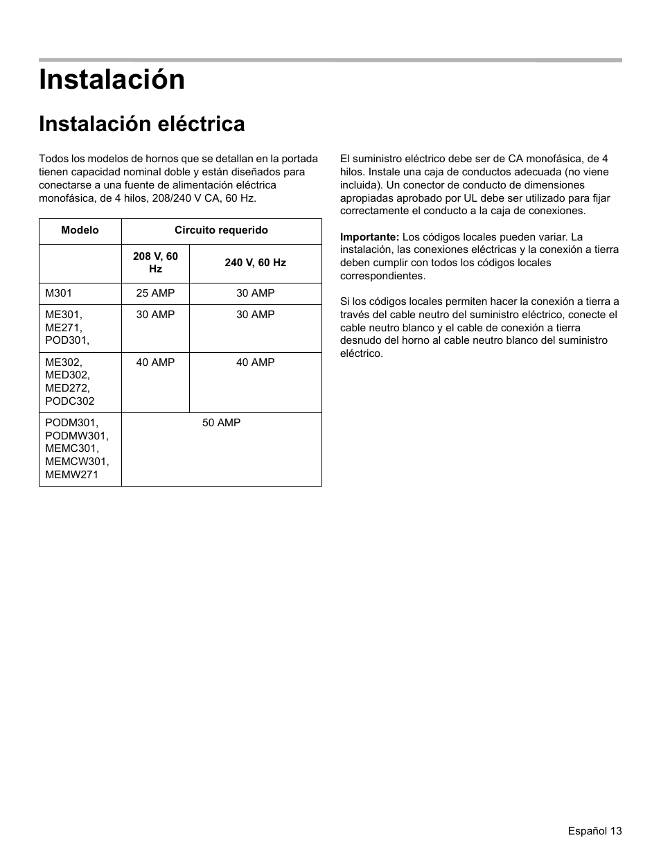 Instalación, Instalación eléctrica | Thermador MEMCW271 User Manual | Page 47 / 52