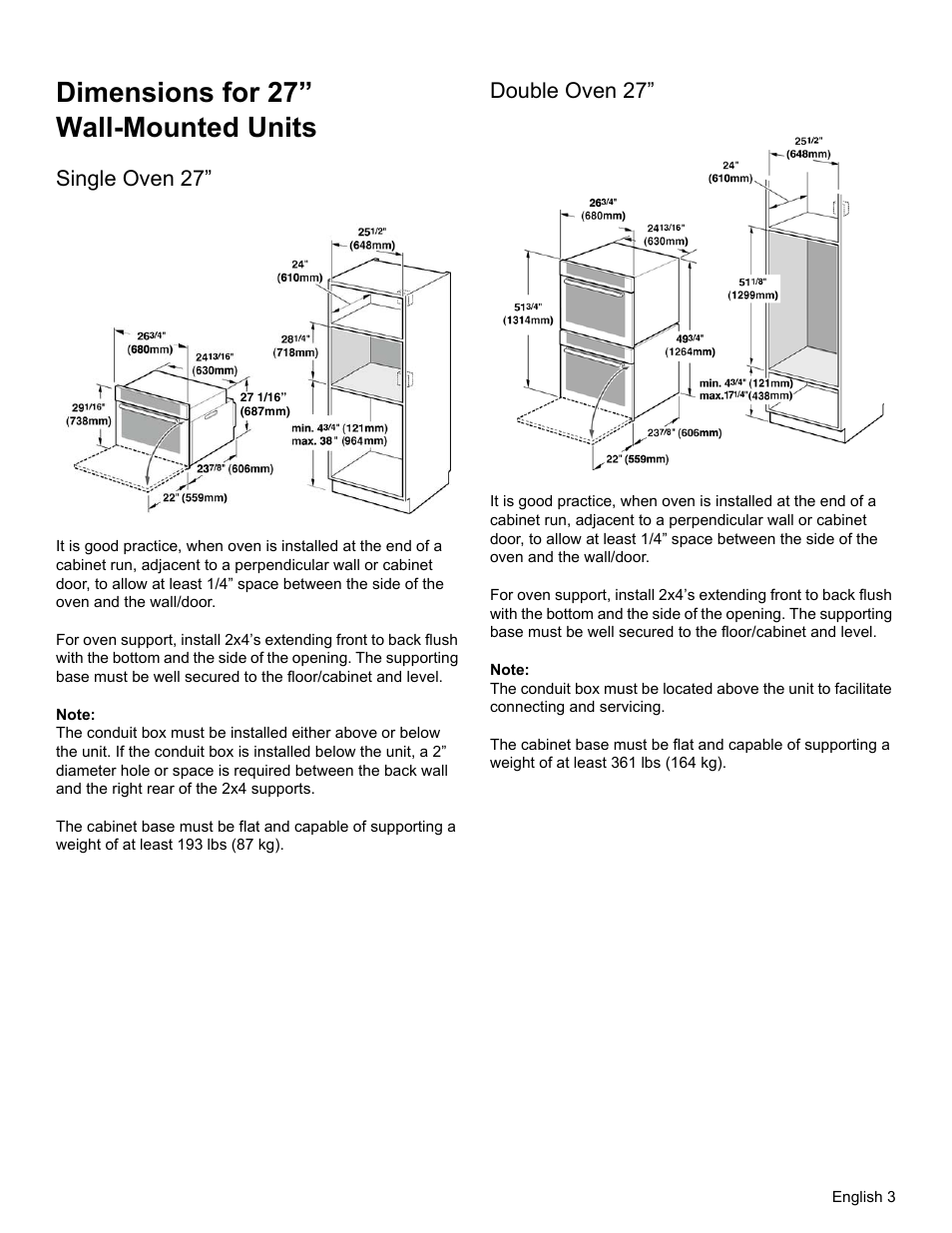 Dimensions for 27” wall-mounted units, Single oven 27, Note | Double oven 27 | Thermador MEMCW271 User Manual | Page 5 / 52