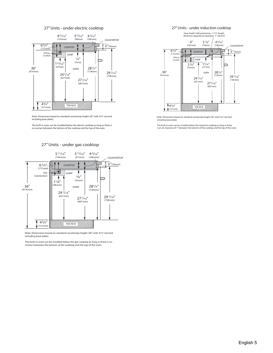 English 5, 27” units - under electric cooktop, 27” units - under gas cooktop | 27” units - under induction cooktop | Thermador MEMCW271 User Manual | Page 7 / 52