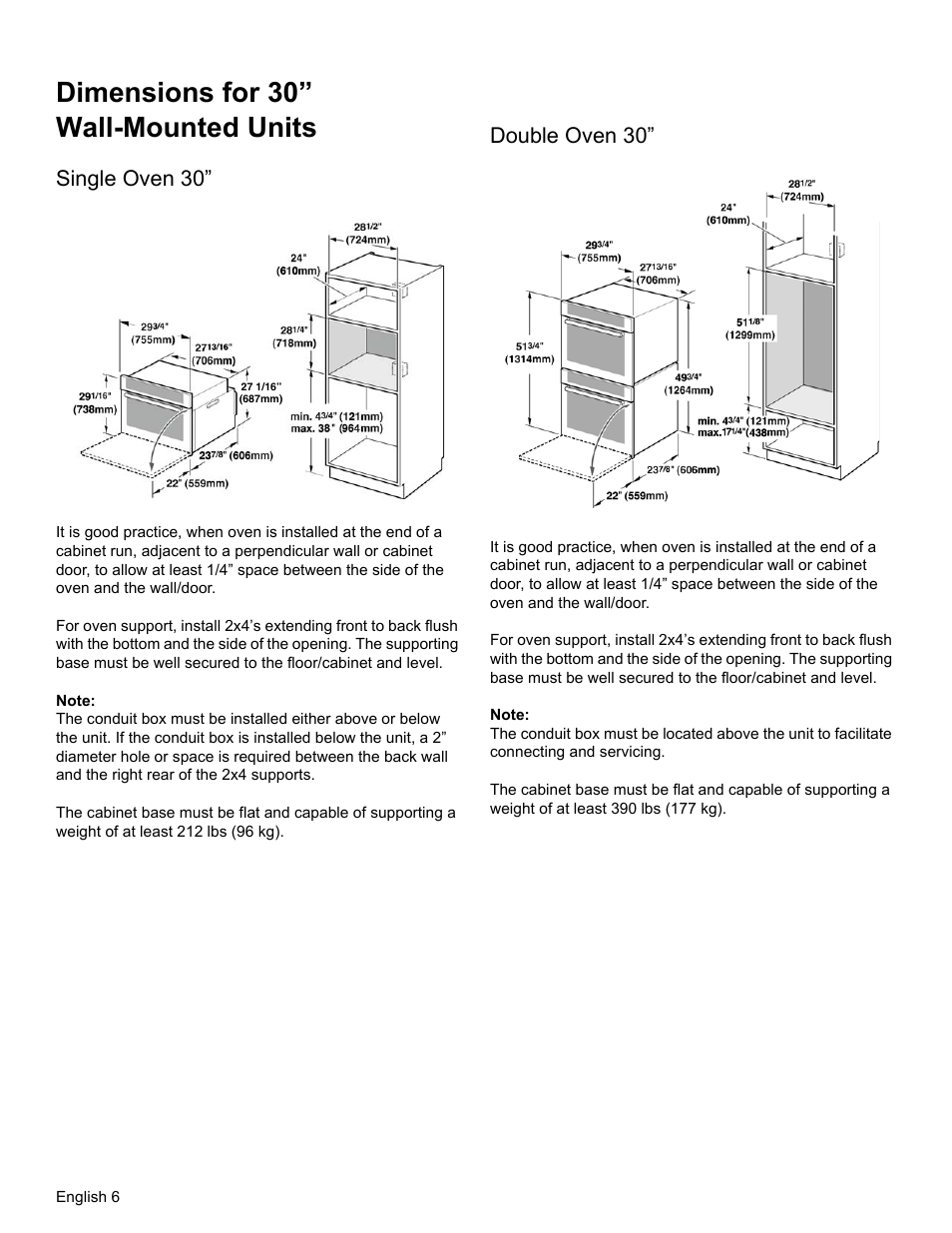 Dimensions for 30” wall-mounted units, Single oven 30, Note | Double oven 30 | Thermador MEMCW271 User Manual | Page 8 / 52