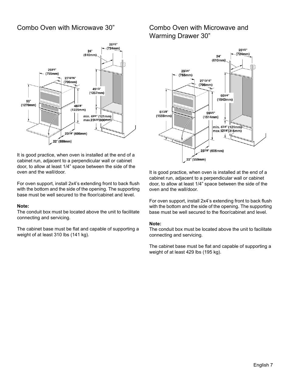 Combo oven with microwave 30, Note, Combo oven with microwave and warming drawer 30 | Thermador MEMCW271 User Manual | Page 9 / 52