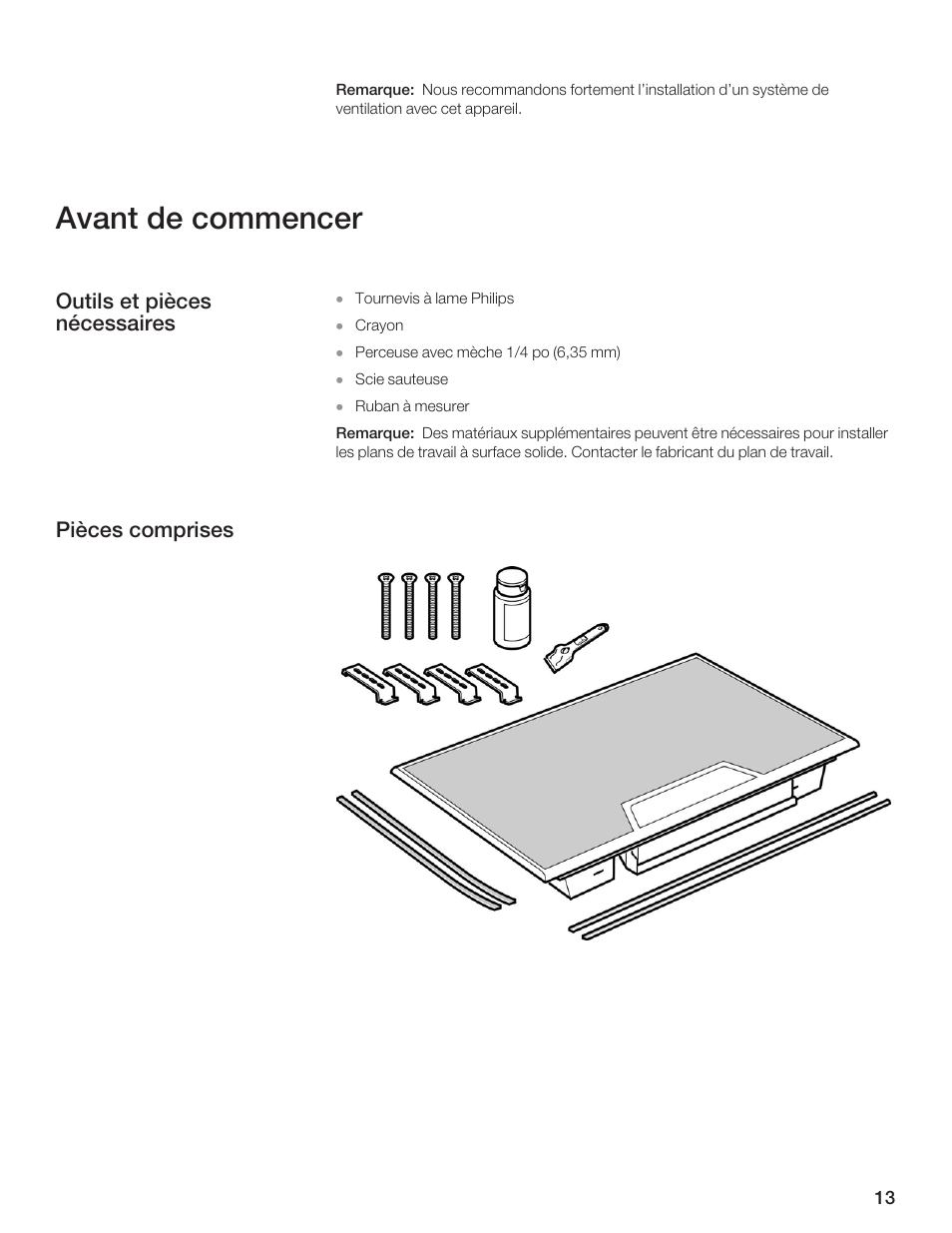 Avant de commencer, Outils et pièces nécessaires pièces comprises | Thermador CEM365FS User Manual | Page 13 / 32