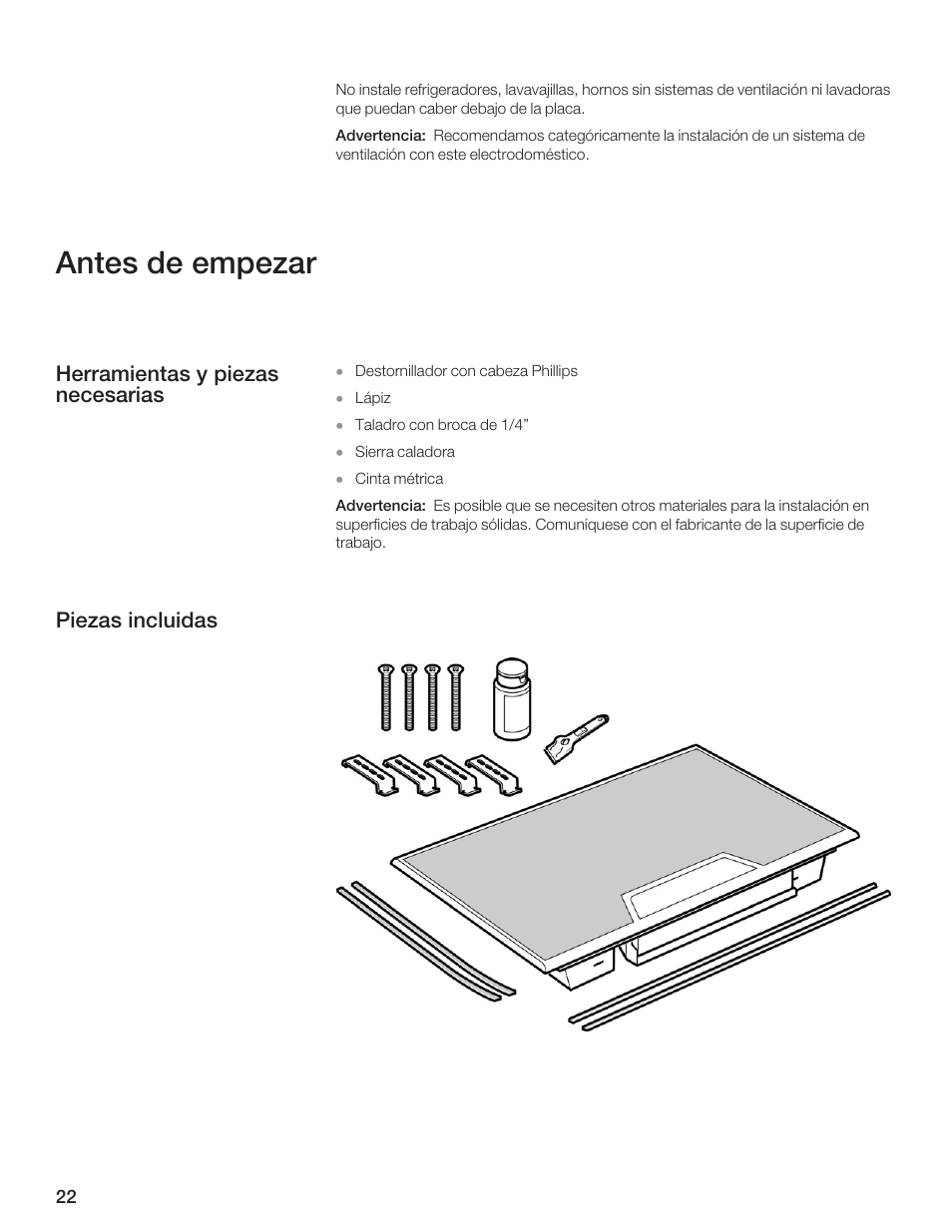 Antes de empezar, Herramientas y piezas necesarias piezas incluidas | Thermador CEM365FS User Manual | Page 22 / 32