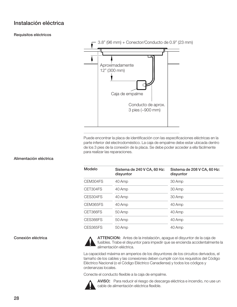 Instalación eléctrica | Thermador CEM365FS User Manual | Page 28 / 32