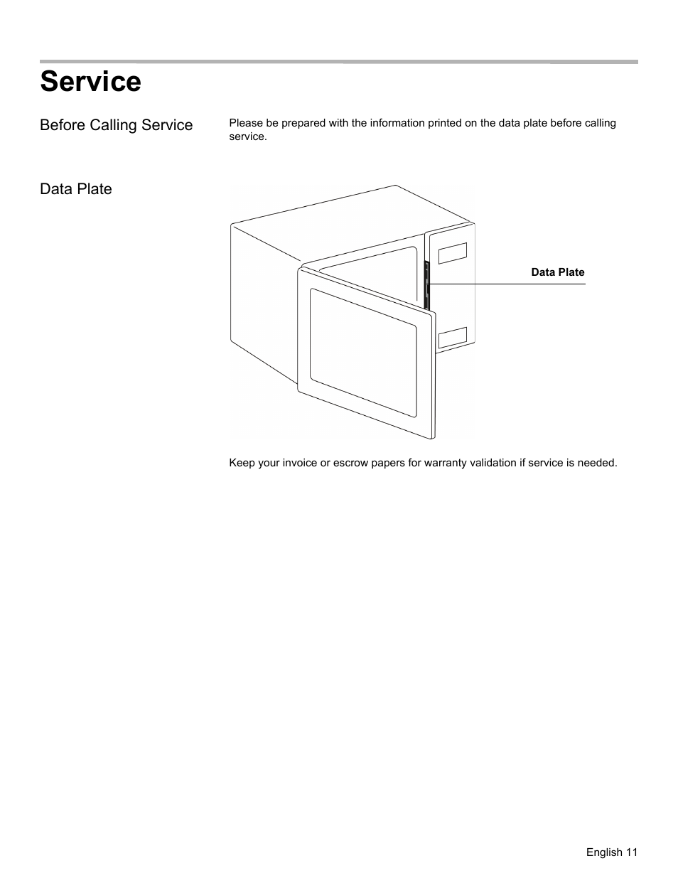 Service, Before calling service, Data plate | Thermador MCT30E User Manual | Page 13 / 44