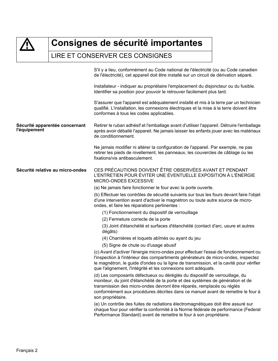 Lire et conserver ces consignes, Sécurité apparentée concernant l'équipement, Sécurité relative au micro-ondes | Consignes de sécurité importantes | Thermador MCT30E User Manual | Page 16 / 44