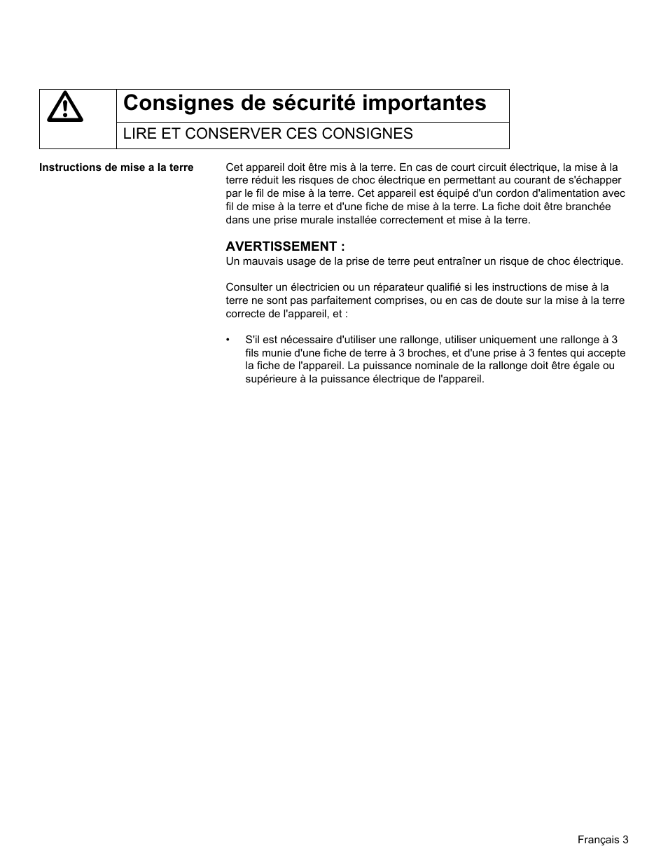 Lire et conserver ces consignes, Instructions de mise a la terre, Consignes de sécurité importantes | Thermador MCT30E User Manual | Page 17 / 44