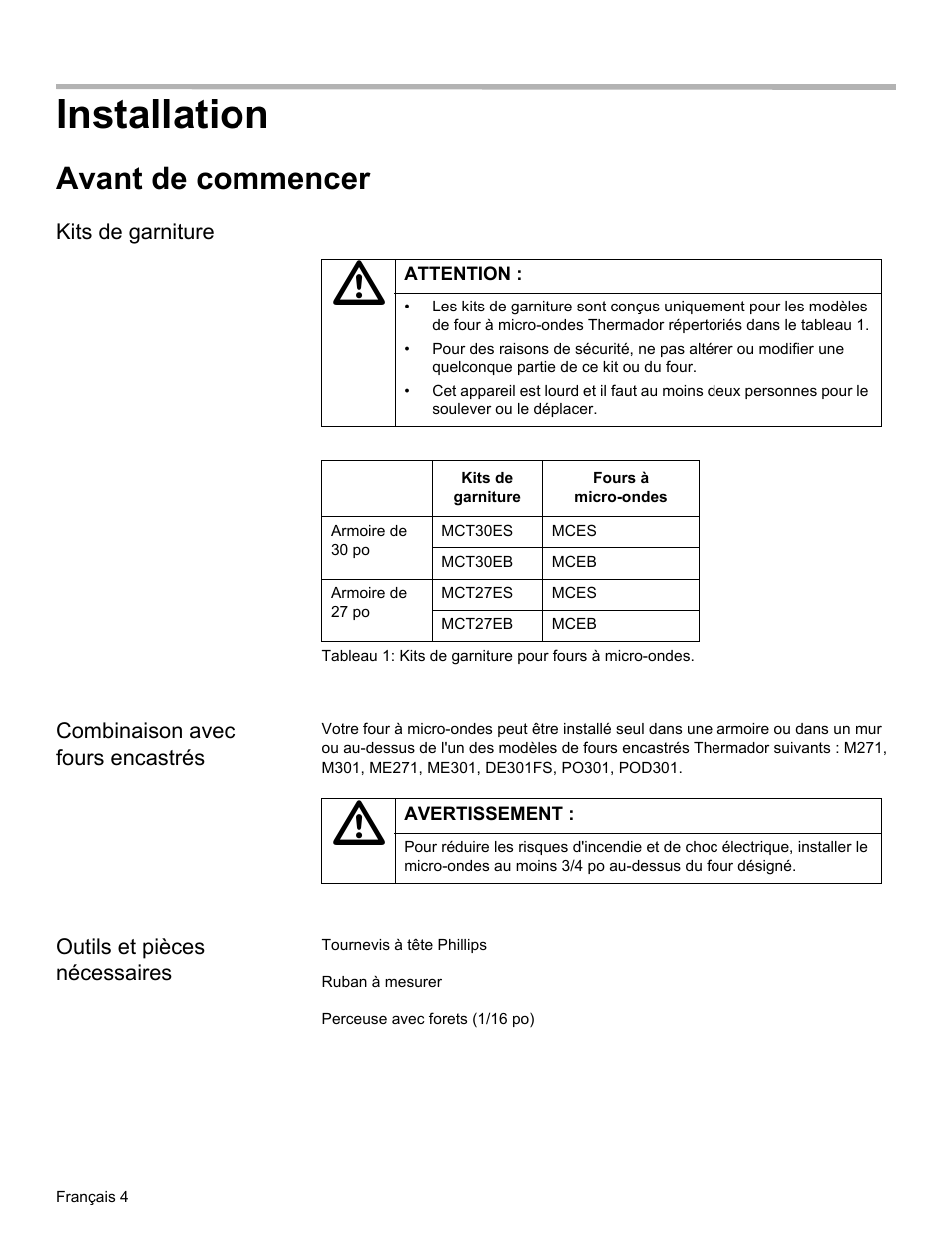 Installation, Avant de commencer, Kits de garniture | Combinaison avec fours encastrés, Outils et pièces nécessaires | Thermador MCT30E User Manual | Page 18 / 44