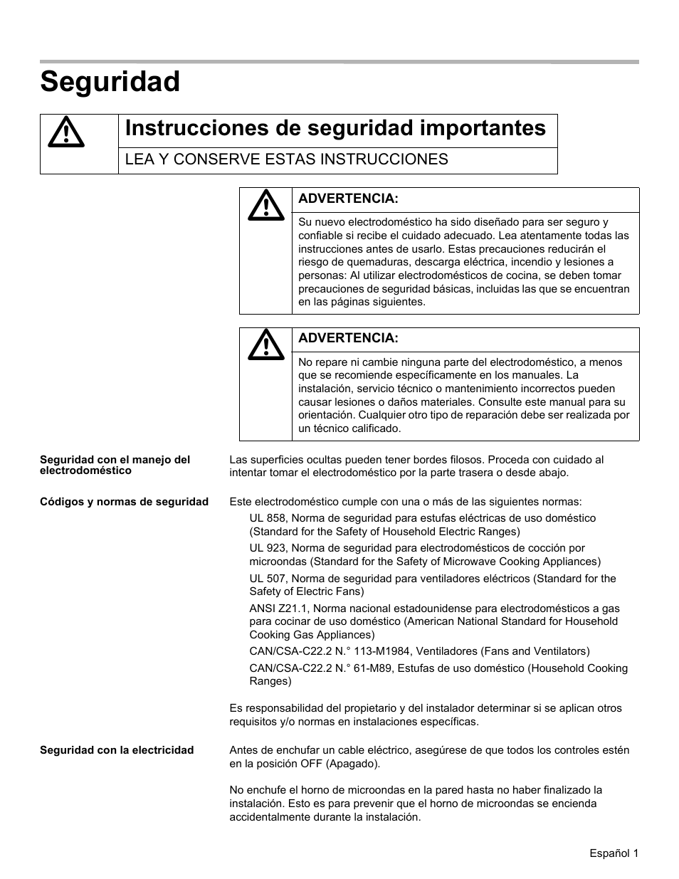 Seguridad, Instrucciones de seguridad importantes, Lea y conserve estas instrucciones | Seguridad con el manejo del electrodoméstico, Códigos y normas de seguridad, Seguridad con la electricidad | Thermador MCT30E User Manual | Page 29 / 44