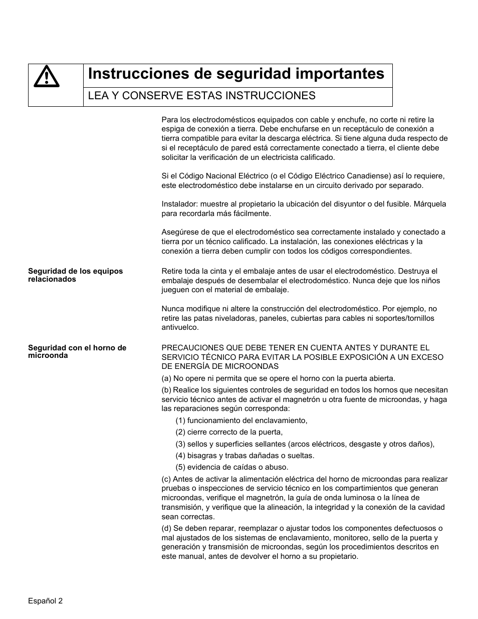 Lea y conserve estas instrucciones, Seguridad de los equipos relacionados, Seguridad con el horno de microonda | Instrucciones de seguridad importantes | Thermador MCT30E User Manual | Page 30 / 44