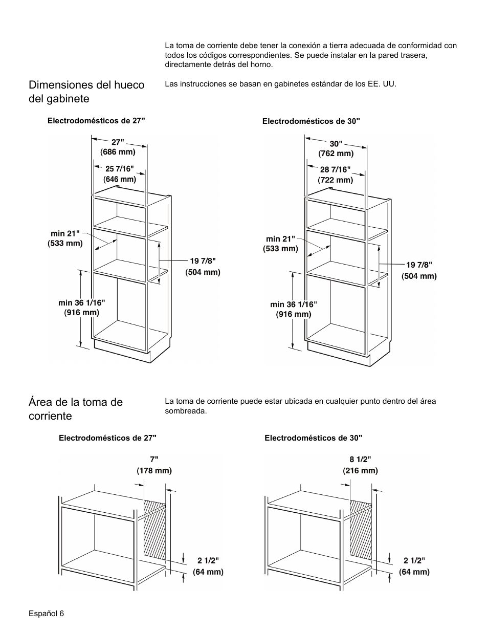 Dimensiones del hueco del gabinete, Área de la toma de corriente | Thermador MCT30E User Manual | Page 34 / 44