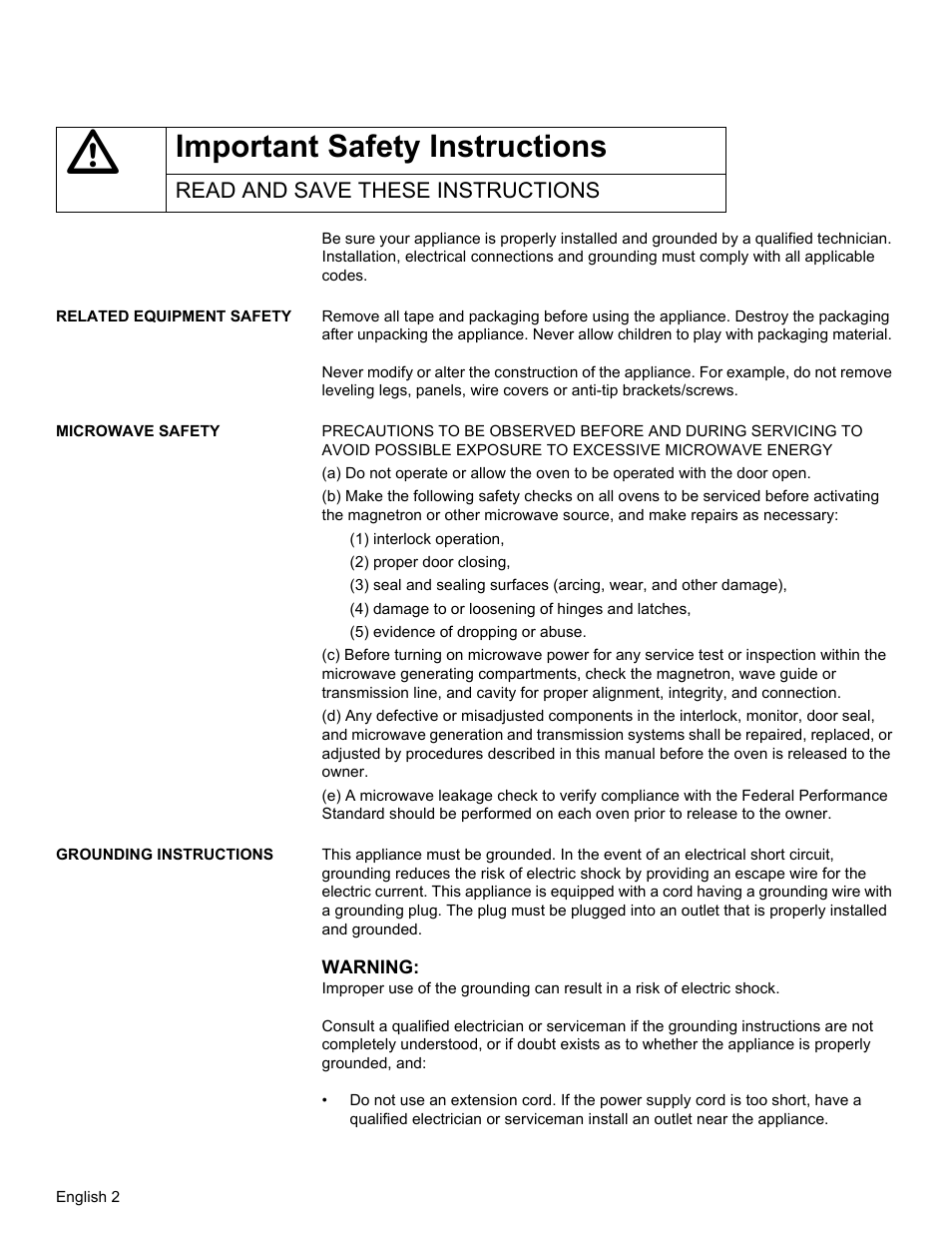 Read and save these instructions, Related equipment safety, Microwave safety | Grounding instructions, Important safety instructions | Thermador MCT30E User Manual | Page 4 / 44